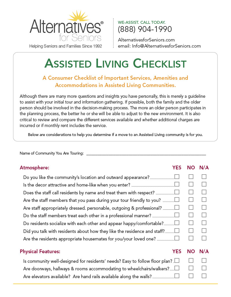 Assisted Living Checklist 1 of 3