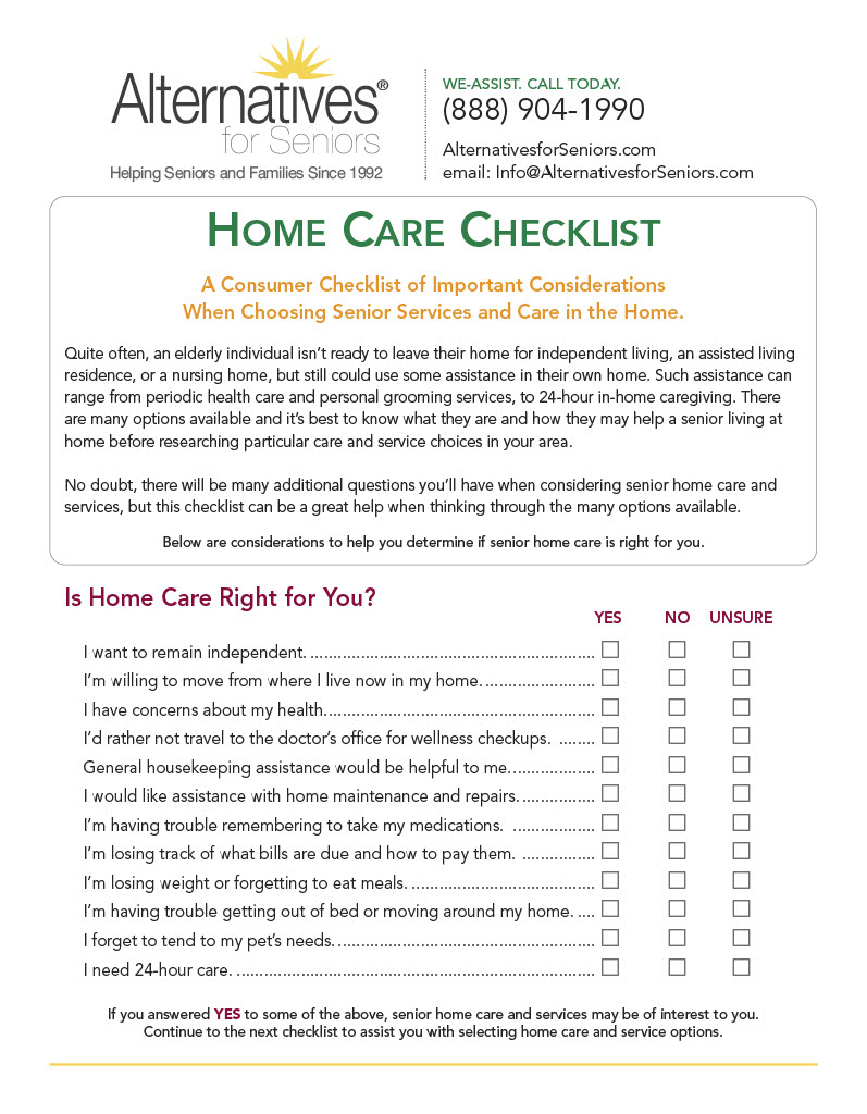 Home Care Checklist 1 of 4