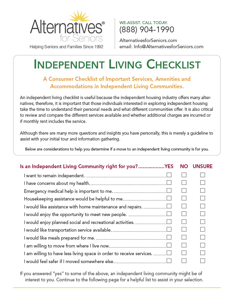 Independent Living Checklist 1 of 3