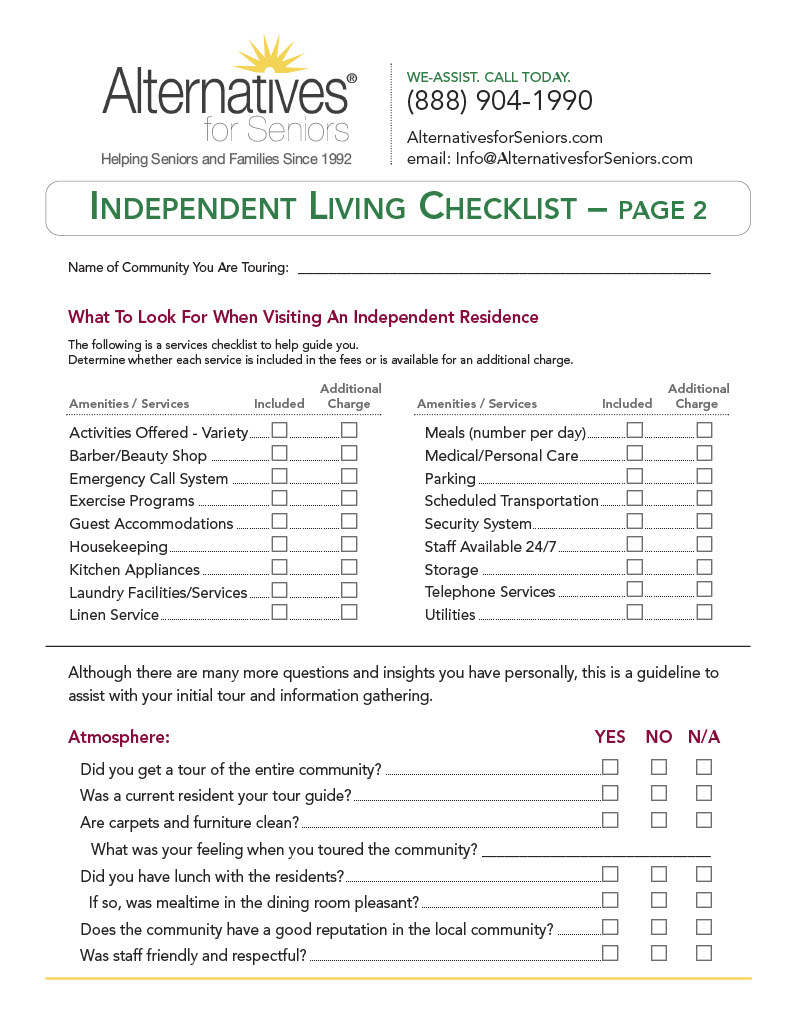 Independent Living Checklist 2 of 3