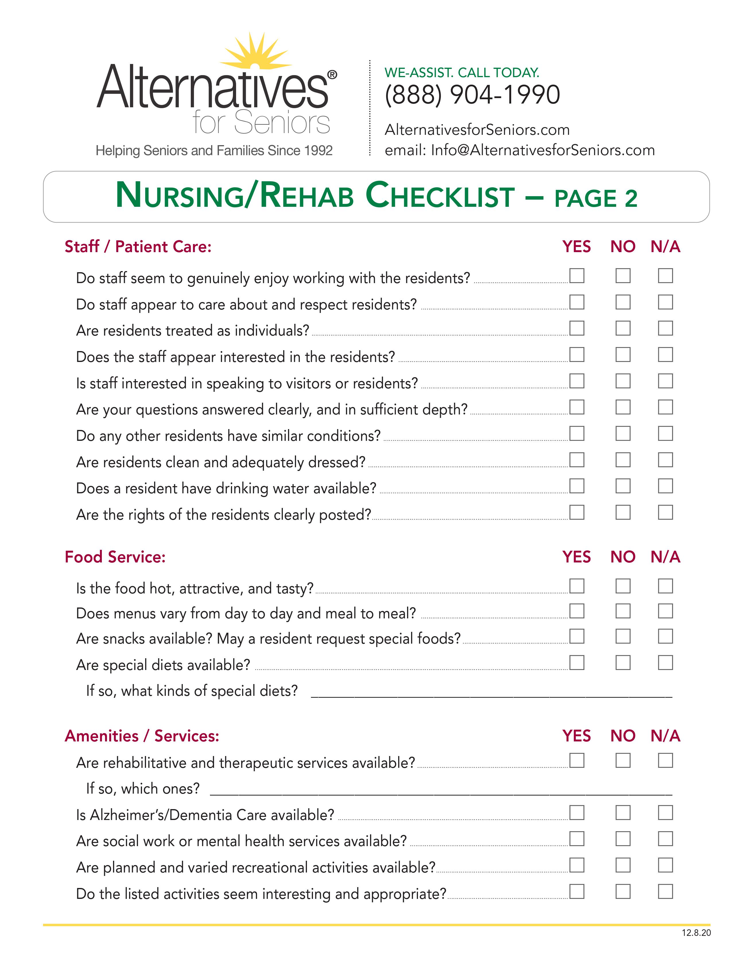 Nursing Home Rehab Center Checklist Alternatives For Seniors